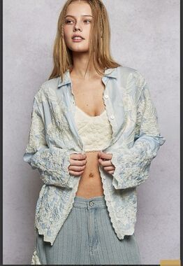 POL Shirt NEW OS Embroidered Floral Button Up Top Blue Boho Lightweight Relaxed